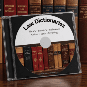 Law Dictionaries Disc featuring a collection of legal reference books including Black’s Law Dictionary, Bouvier’s and Ballantine’s, displayed in a CD case.