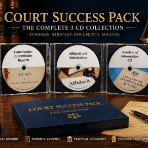 Court Success Pack showing three CDs with legal documents, FOI evidence and affidavit templates for court preparation