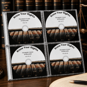 Halsburys Laws of England complete CD set showing four discs with legal law books background
