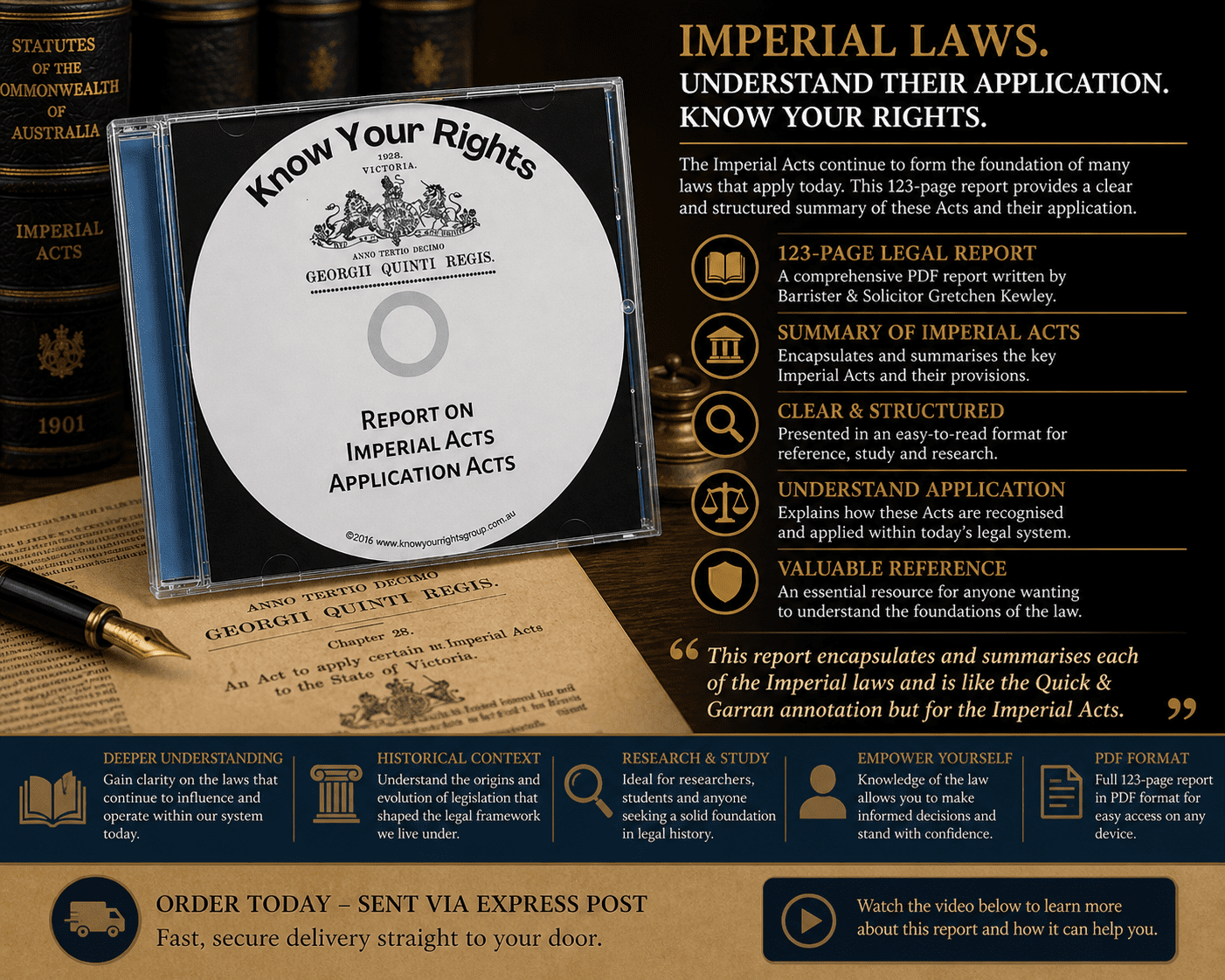 Imperial Acts Application Act report CD highlighting 123 page legal report and summary of Imperial legislation