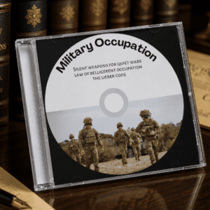 CD titled “Military Occupation” in jewel case on wooden desk with blurred legal books and documents in background