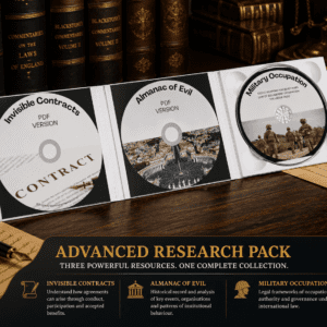 Advanced Research Pack featuring three CDs (Invisible Contracts, Almanac of Evil, Military Occupation) in a premium case on wooden desk with legal books background