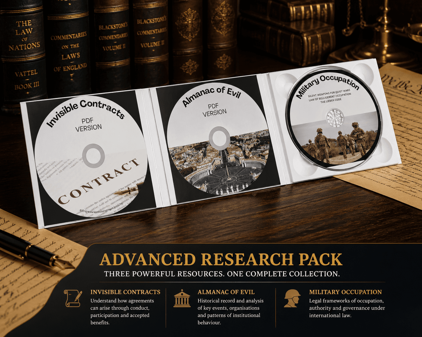 Advanced Research Pack featuring three CDs (Invisible Contracts, Almanac of Evil, Military Occupation) in a premium case on wooden desk with legal books background