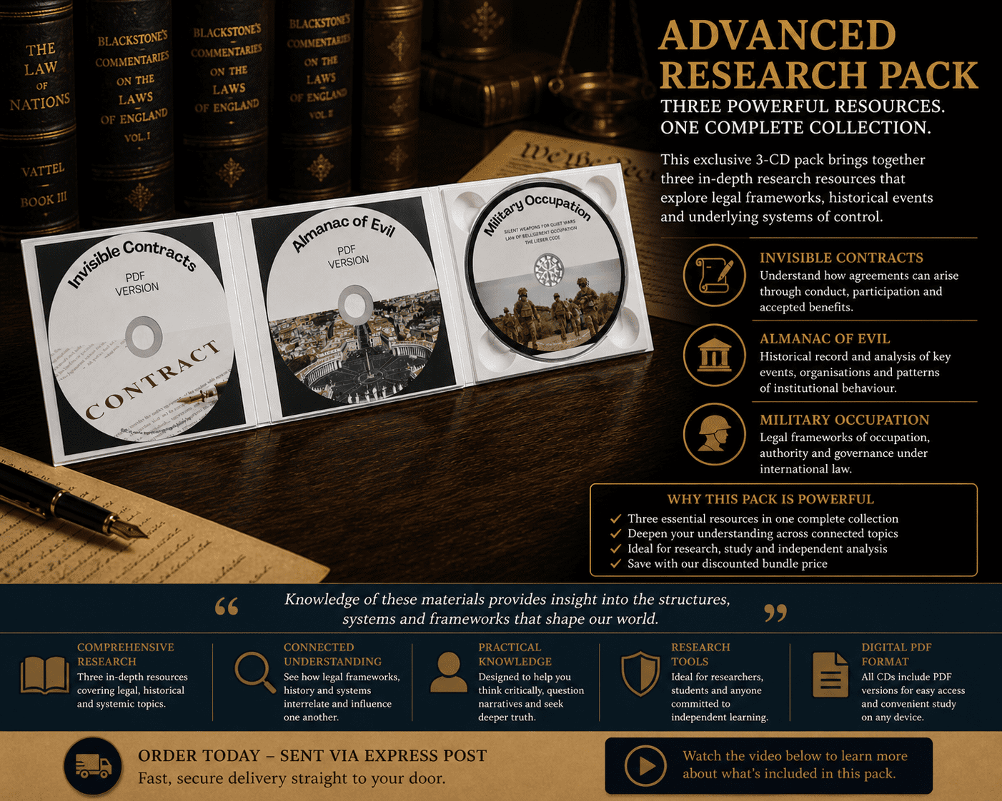 Advanced Research Pack detailed layout showing three CDs with descriptions of Invisible Contracts, Almanac of Evil and Military Occupation
