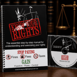 Know Your Rights hard copy book with reference CD on wooden desk with legal background