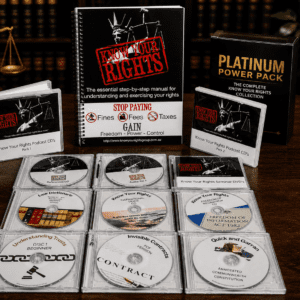 Platinum Power Pack featuring Know Your Rights book, CDs and DVDs displayed on a wooden desk with legal book background