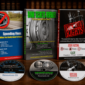Know Your Rights combo pack featuring three books and CDs including rights manual, speeding fines guide, and bank secrets revealed on a wooden desk with legal background