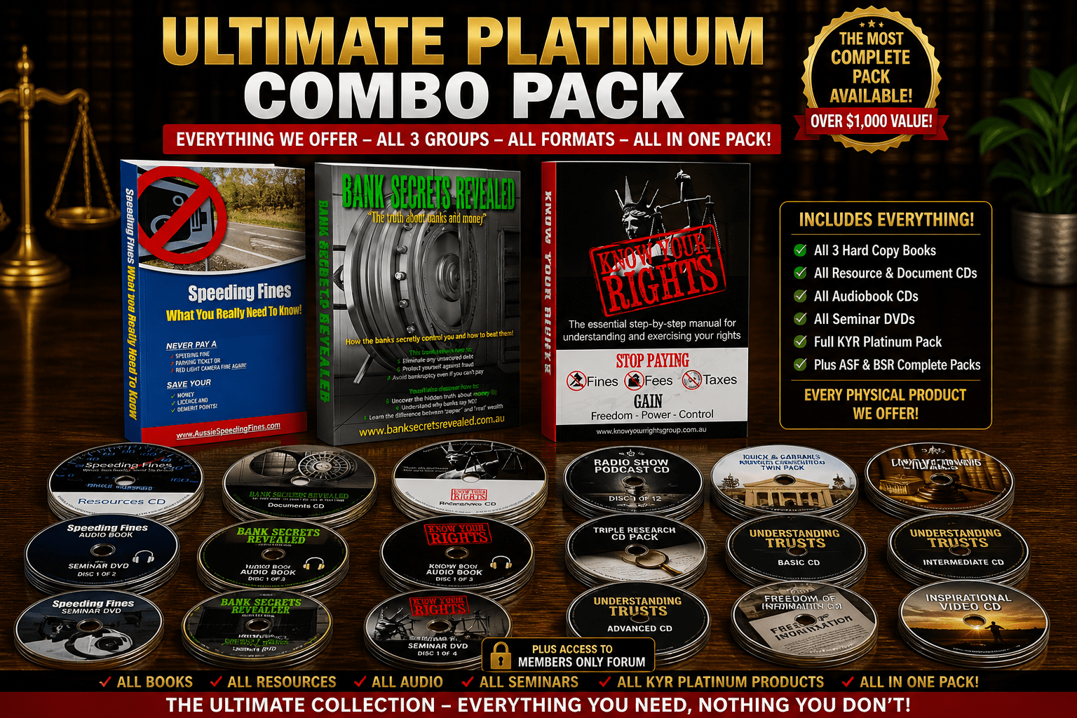 Ultimate Platinum Combo Pack featuring three core books and CD stacks on a premium wooden surface with a legal-themed background