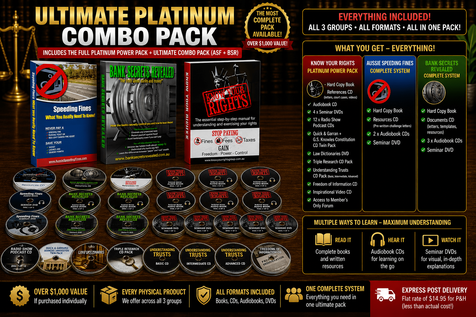 Detailed layout of the Ultimate Platinum Combo Pack showing books, CDs, audiobook discs, seminar DVDs and full inclusions