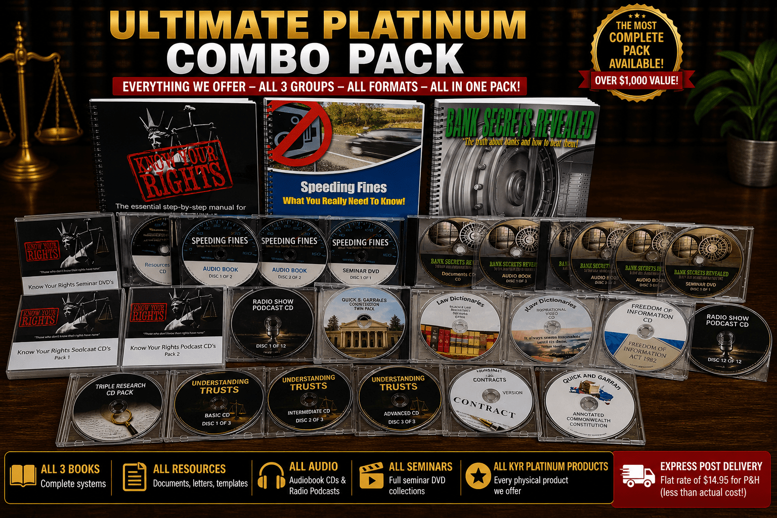 Full spread of Ultimate Platinum Combo Pack showing extensive collection of discs, books, and resources arranged to display total volume
