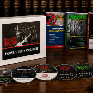 Home Study Course box with Know Your Rights, Aussie Speeding Fines, and Bank Secrets Revealed books on a wooden desk with CDs