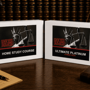 Ultimate Platinum Combo Pack and Home Study Course boxes displayed on a desk with legal background, showing premium complete rights learning system
